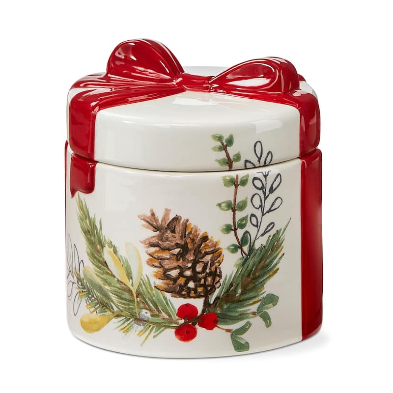 Mistletoe & Holly Decorative Candy Jar - 20oz Ceramic Canister for Winter, Dishwasher Safe, 5.25" H x 4.7" Dia
