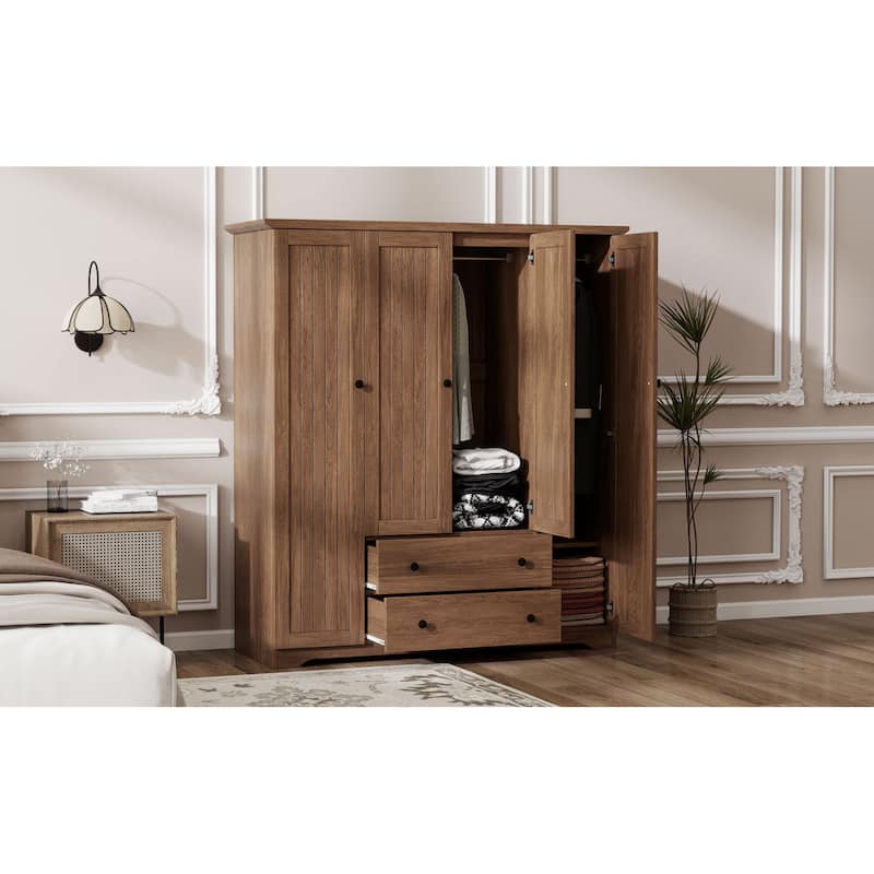 Roomfitters 4-Door Wardrobe Armoire with 2 Drawers and Hanging Rail