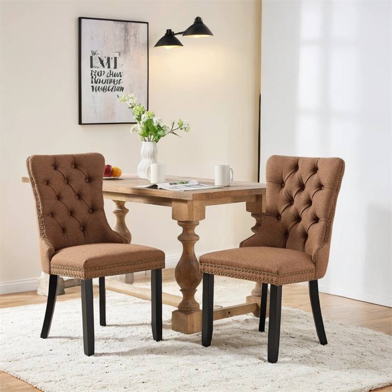High-end Tufted Solid Wood Flax Upholstered Linen Dining Chair,2 PCS