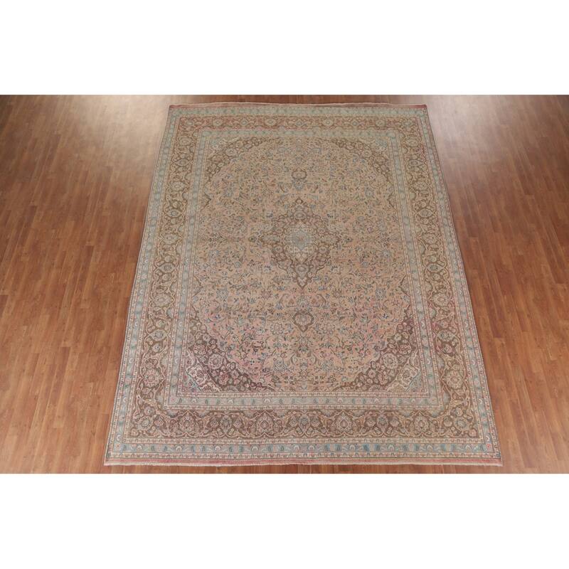Hand Knotted Oriental 100% Wool Carpet Traditional Floral Peach Mashad Area Rug - 12' 6'' X 9' 7''