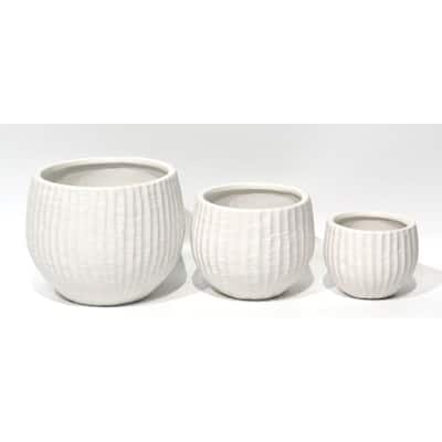 White Matte Striped Planters (Set Of 3)