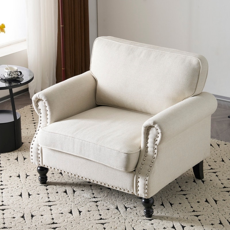 Stamped Fabric Back Chair, Single Upholstered Chair with Brass Nail Trim, Living Room Bedroom Club Cafe Back Armchair