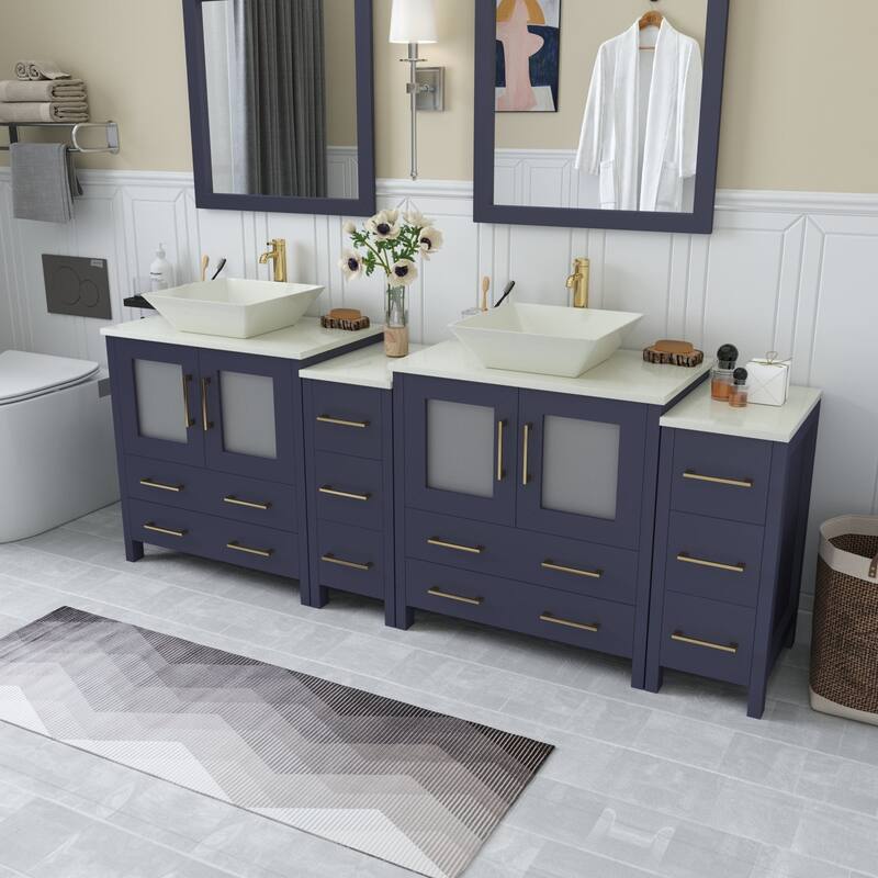 Vanity Art 84-inch Double Sink Bathroom Vanity Set with Engineered Marble Top and Free Mirror - 84 x 18.5 x 36 Inches