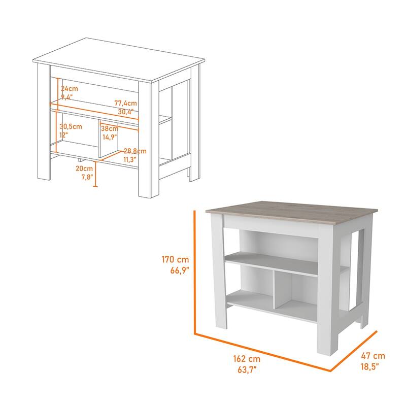 Dozza Antibacterial Kitchen Island with 3 Storage Shelves, Silver Nanoparticles Protection, Light Oak/White