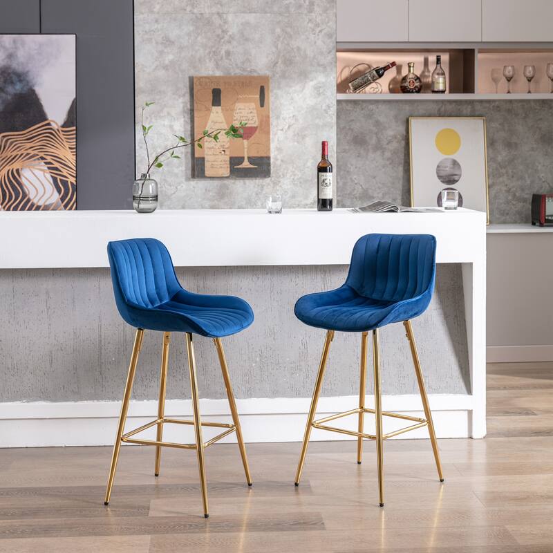 2 Bar Stools with Chrome Footrest Velvet Fabric Counter Stool Golden Leg Simple Bar Stool - N/A