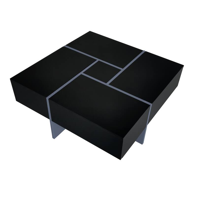Modern Square Coffee Table w/ 4 Hidden Storage, Cocktail Table with Extendable Sliding Tabletop, High-Gloss Design Center Table
