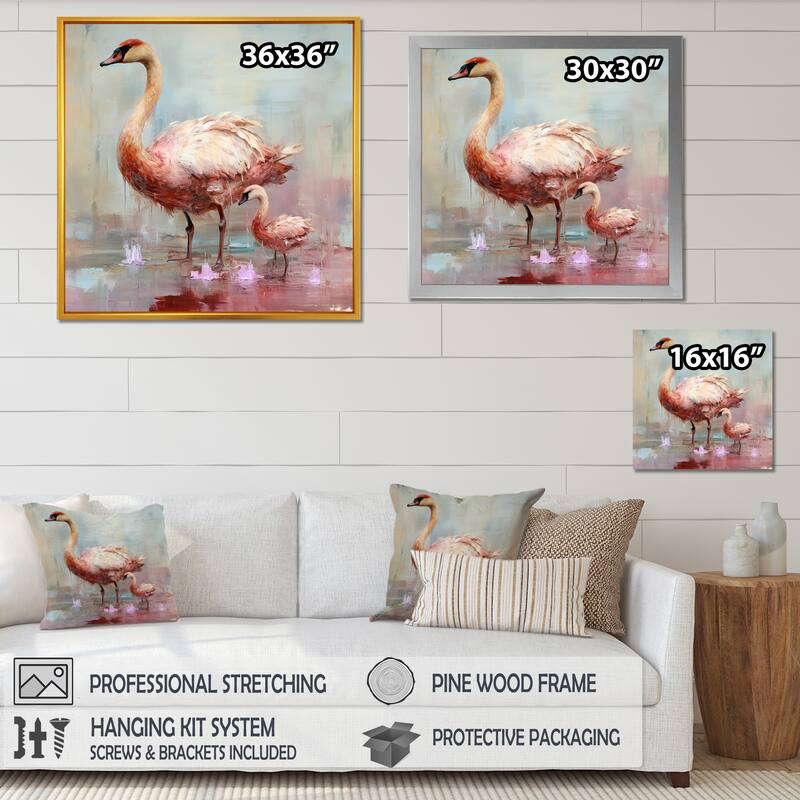 Designart "Pink Blooming Swan Beauty" Swans Wall Decor Pink Modern Entryway Framed Wall Art Print
