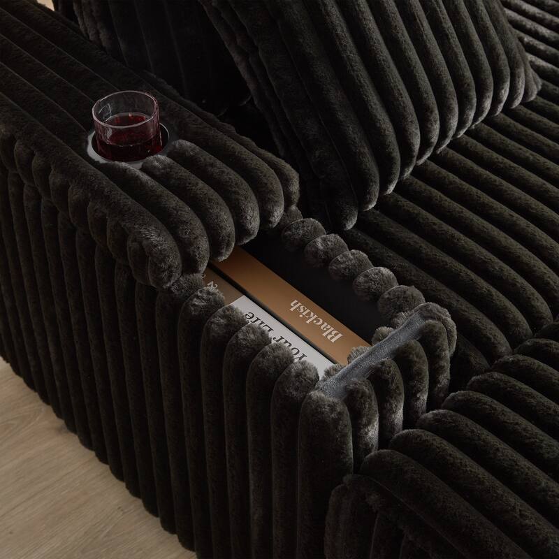 Deep Seat Sectional Loveseat Set with 2 Ottoman and 2 Pillows, Corduroy Chaise Lounge Bed with 2 Storage Spaces and Cupholding