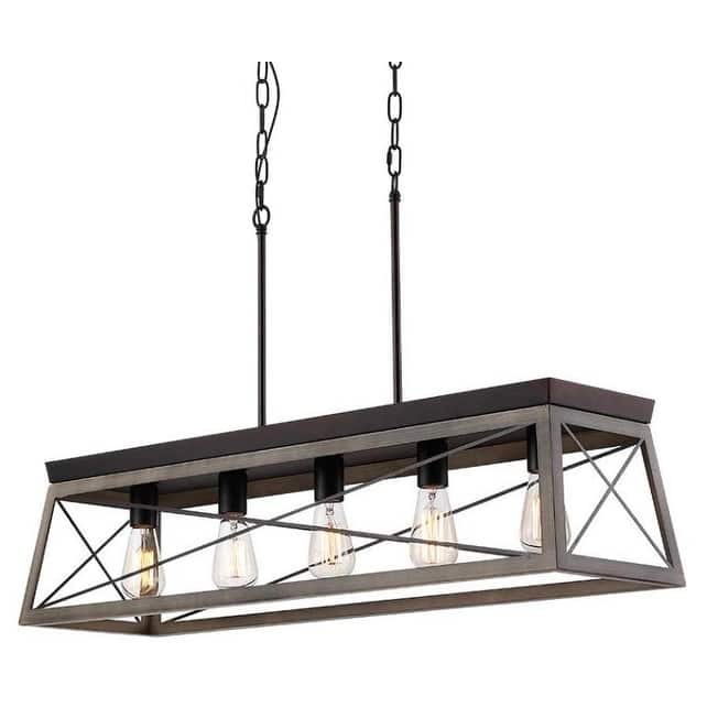 5-Light Antique Bronze Linear Kitchen Light Farmhouse Chandelier with Wood Open Frame - Brown