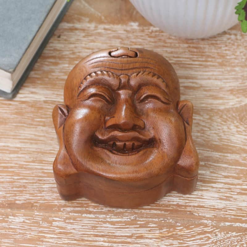 Novica Handmade Laughing Buddha Wood Puzzle Box