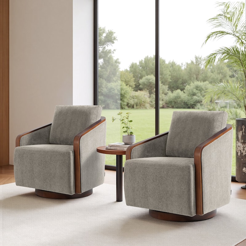Set of 2 Modern Swivel Accent Barrel Chairs with Wood Arms