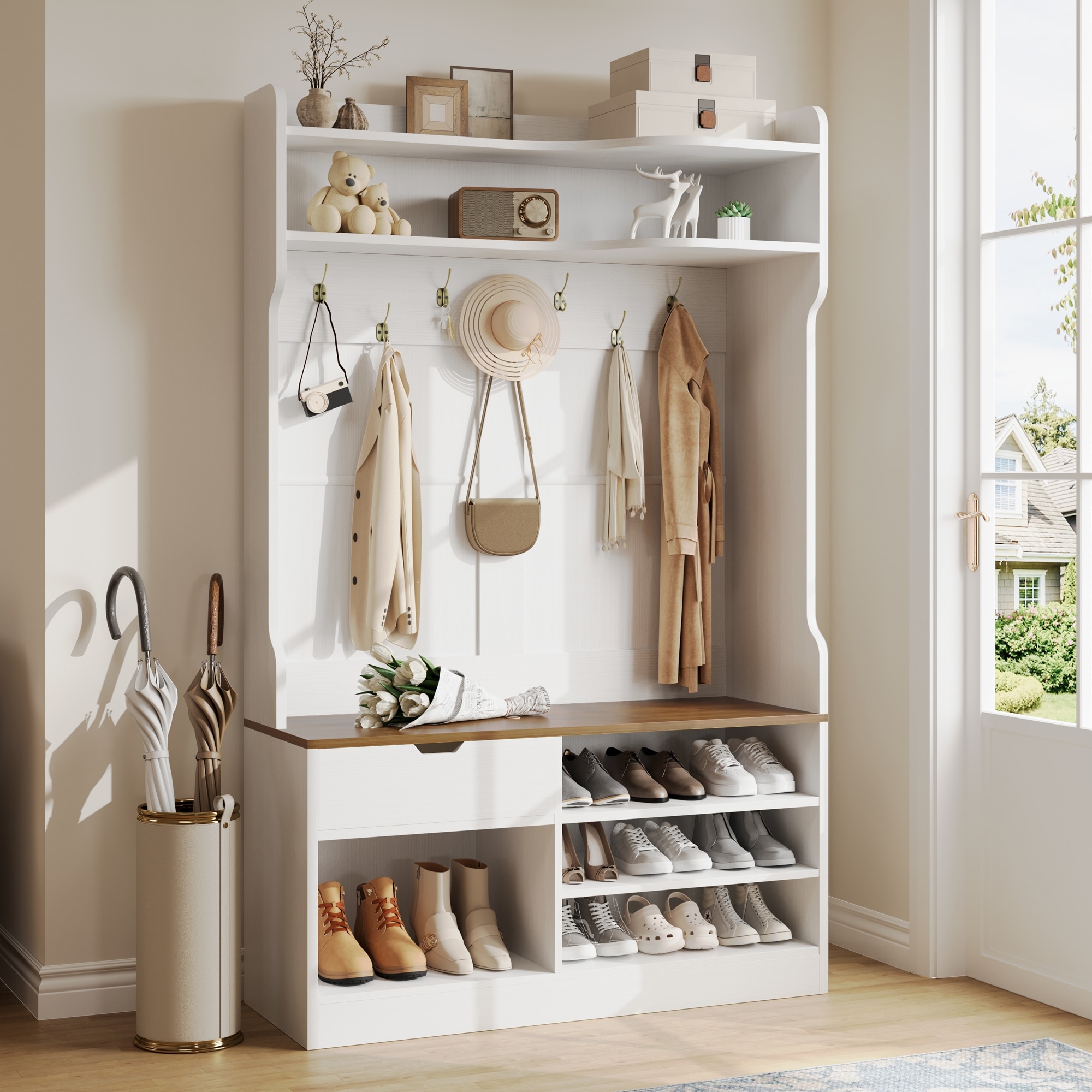 5-in-1 Hall Tree w/Bench, 3-Layer Flip Shoe Cabinet, 7 Coat Hooks, Drawer, 42.9"x15.94"x70.86"