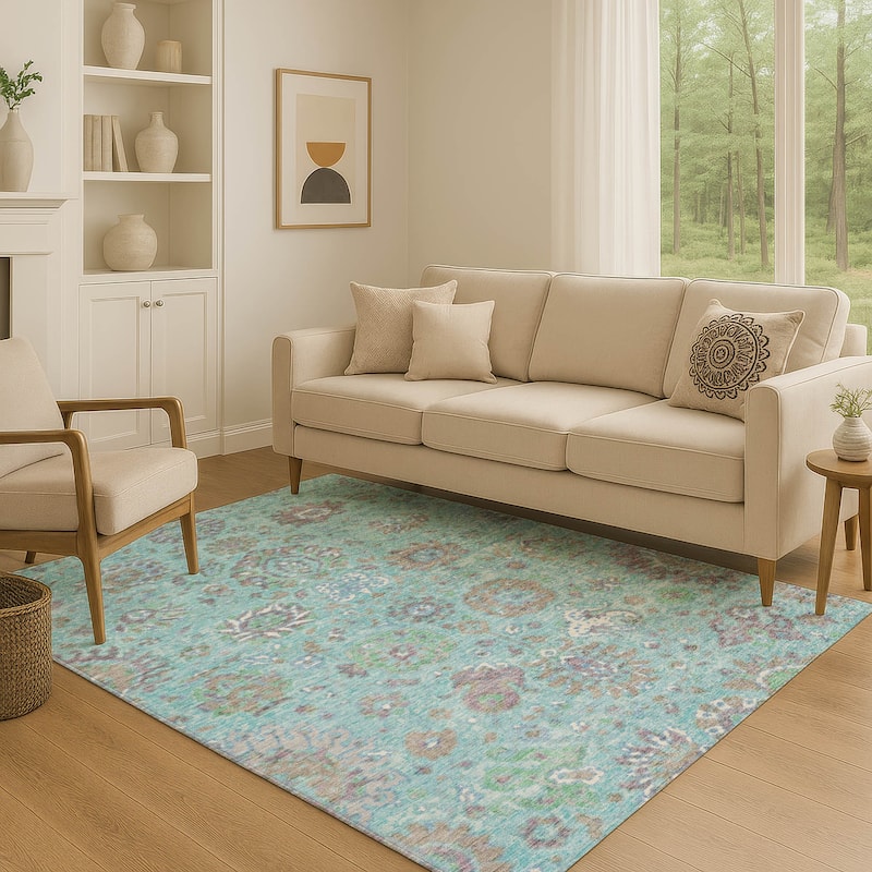 Premium Washable Super Soft Traditional Global Mayfield Rug - Teal - 5' x 7'6"