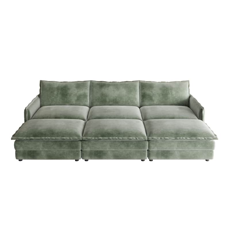 Convertible Sleeper Sofa Bed 109" Oversized Modular Sectional Sofa Deep Seat Corduroy Cloud Couch with 3 Ottomans - Green