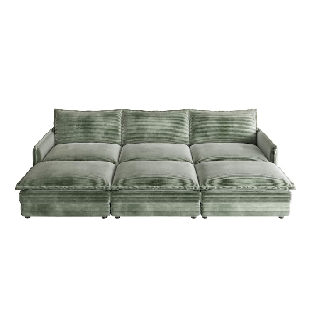 Convertible Sleeper Sofa Bed 109" Oversized Modular Sectional Sofa Deep Seat Corduroy Cloud Couch with 3 Ottomans