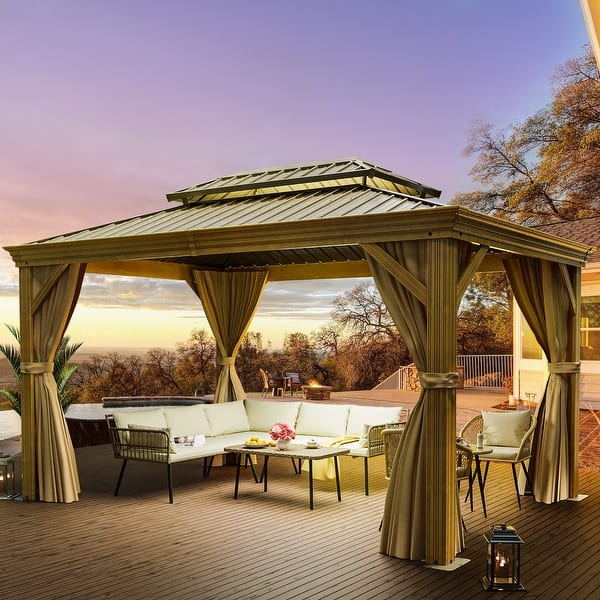 Bronze Metal Outdoor Canopy Gazebo with Netting and Shaded Curtains