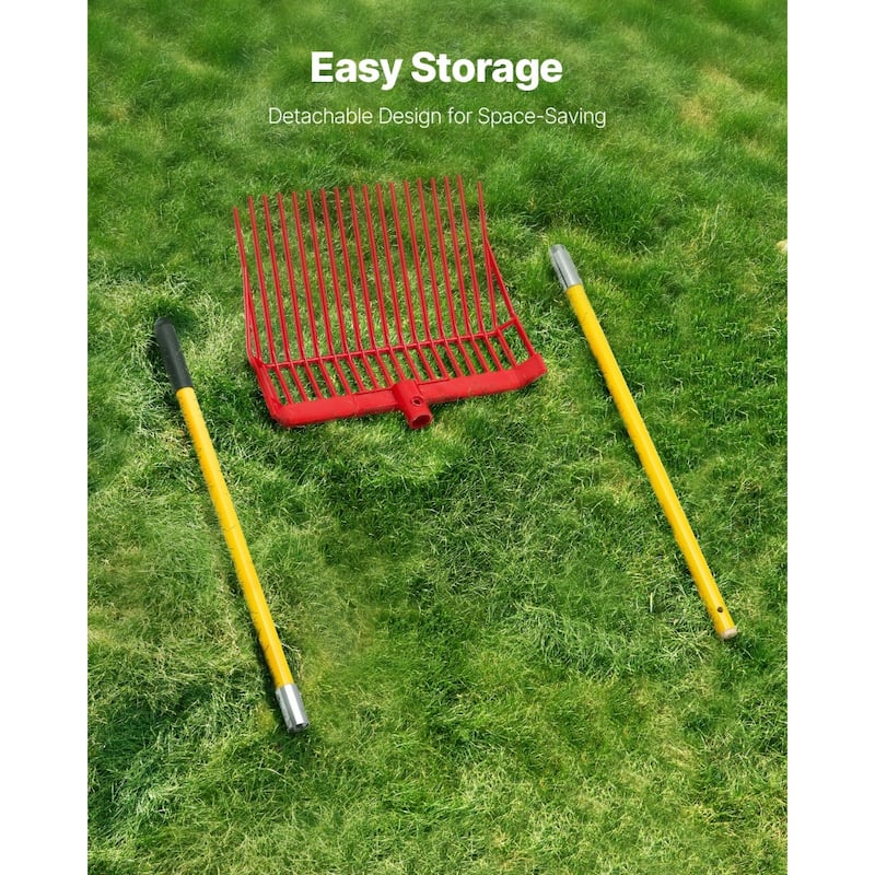 Yellow and Red Plastic Fiberglass Handle Horse Manure Fork with Angled Pointed Teeth - 61.02” L x 15.75” W