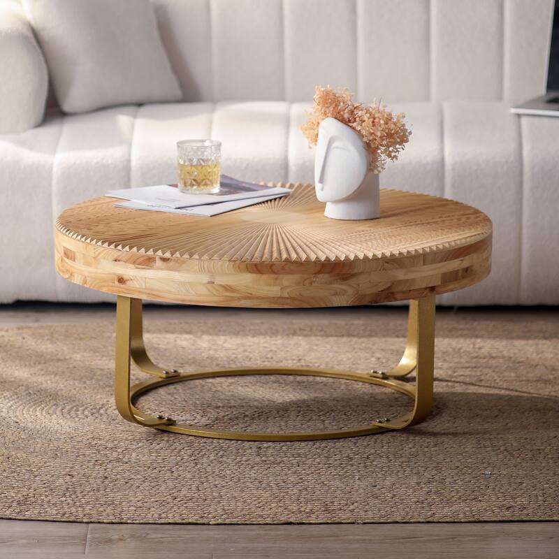 Modern Round Coffee Table Wooden Carving Pattern Coffee Table with Metal Legs, for Living Room Reception Room Office - Natural