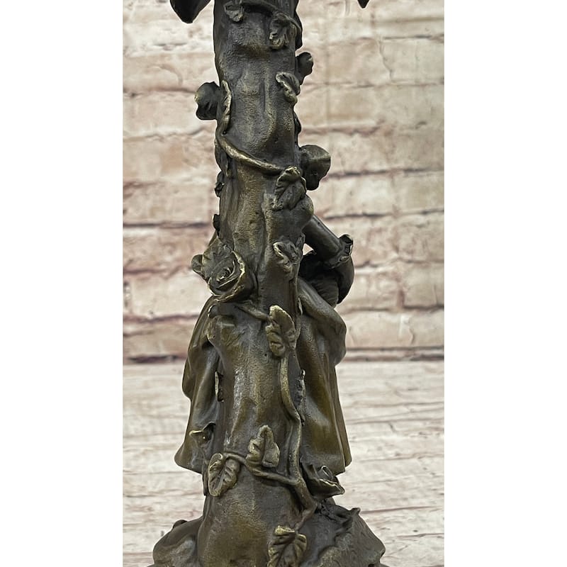 Young Woman Holding A Basket Of Flowers - Bronze Metal Candle Holder Candelabra Sculpture