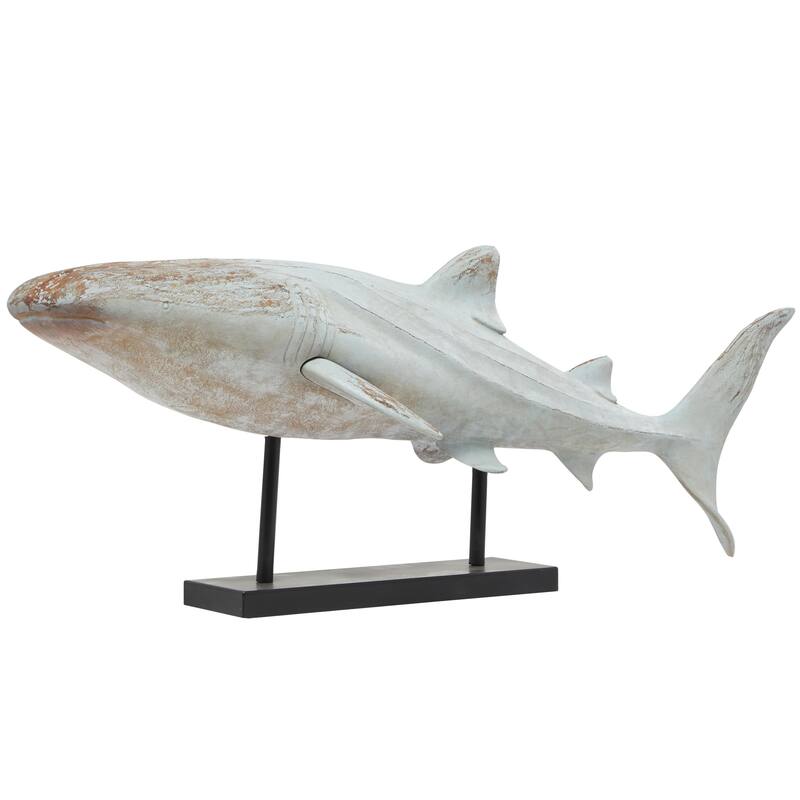 Polystone Shark Distressed Decorative Sculpture with Brown Wood Inspired Accents and Black Stand - Light Blue- Roche River Decor - Light Blue