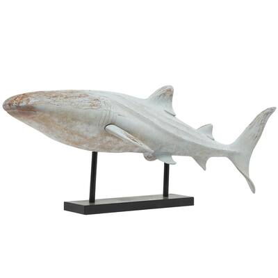 Polystone Shark Distressed Decorative Sculpture with Brown Wood Inspired Accents and Black Stand - Light Blue- Roche River Decor