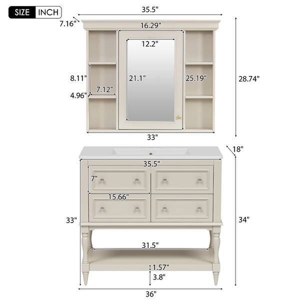 dimension image slide 1 of 6, 36″ Modern Bathroom Vanity with Mirror Medicine Cabinet & 4-Drawer Storage Cabinet