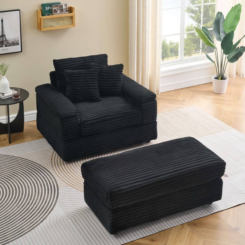 Corduroy Single Sofa Set with 2 Throw Pillows (500lb Capacity) - Black
