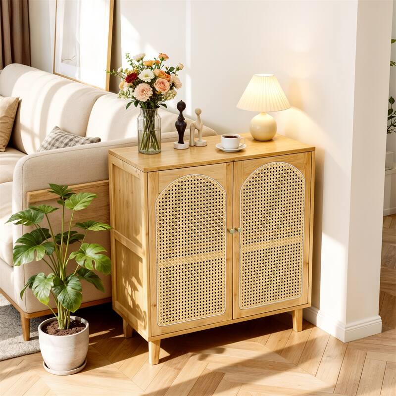 Kitchen Pantry Cabinet Bamboo Sideboard Buffet Cabinet with 2-tier Storage Rattan Door - 29.53"x15.35"x32.28"