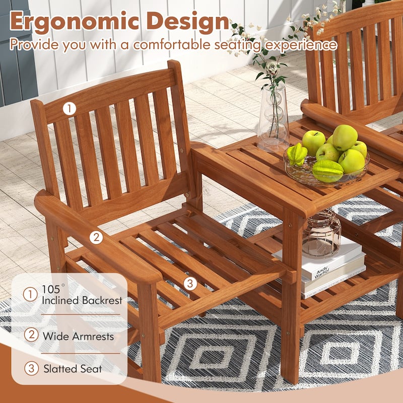 Outdoor Wooden Loveseat Bench with Built-In Table and Umbrella Hole Patio Seating for 2 People - 25" x 63" x 35"