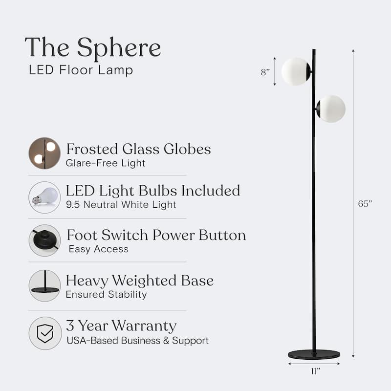 Brightech Sphere 65 in. Classic Black Modern 2-Light LED Super Bright Floor Lamp with 2 Frosted White Glass Globe Shades