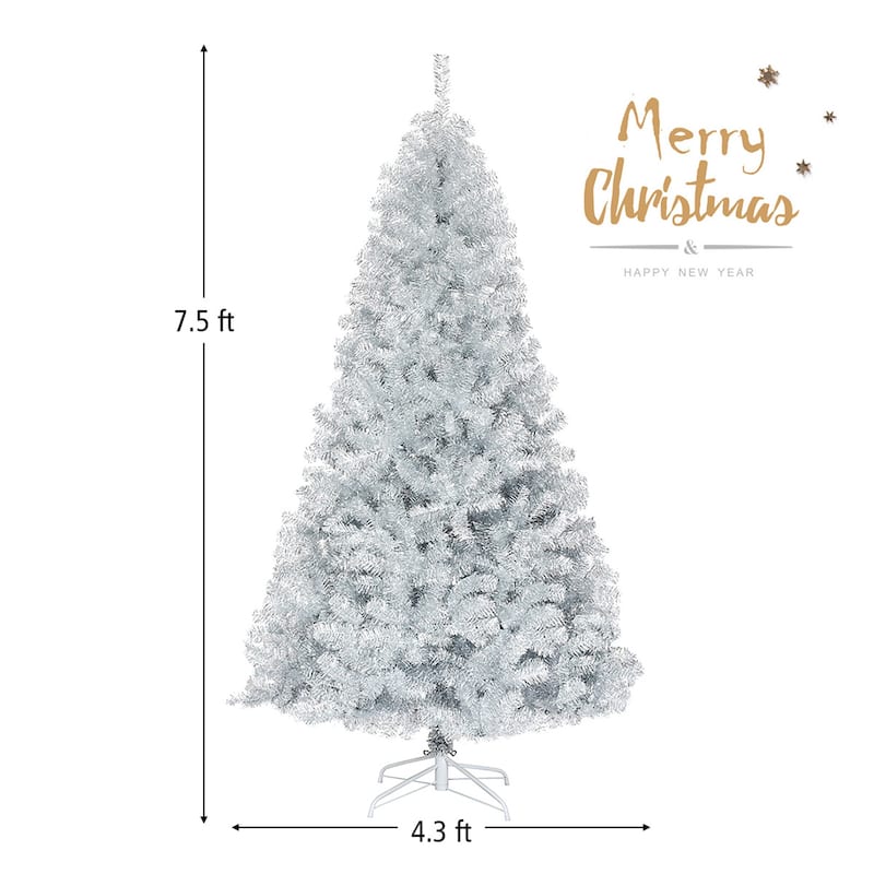 Gymax 7.5 FT Silver Tinsel Christmas Tree Artificial Hinged Tree - See Details