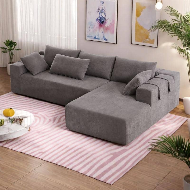 108" Chenille Modular L-Shaped Sectional Sofa with 6 Pillows, Right Chaise & No-Assembly Design