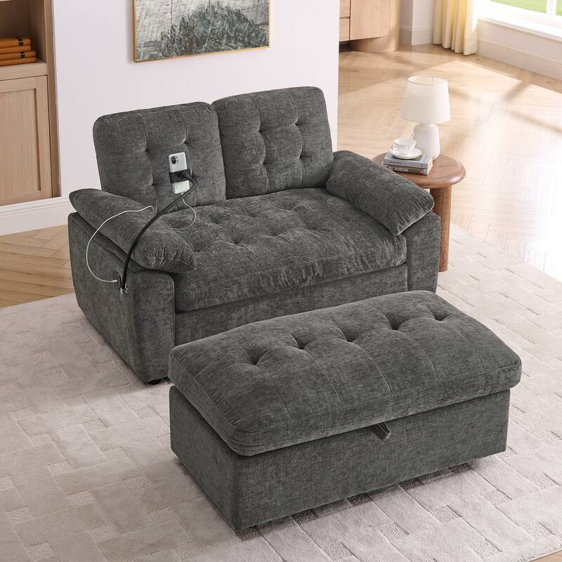 Double Recliner Chair with Adjustable Backrest, Storage Ottoman, USB Port & Phone Stand