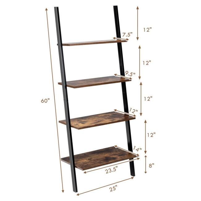 Multipurpose 4-Tier Industrial Leaning Wall Bookcase with Metal Frame - 25'' x 14'' x 60'' (L x W x H)