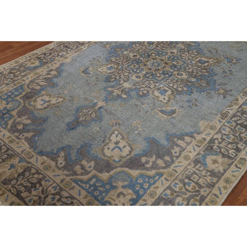 Hand Knotted Oriental 100% Wool Carpet Traditional Floral Navy Blue & Blues Tabriz Area Rug - 9' 5'' X 6' 5''