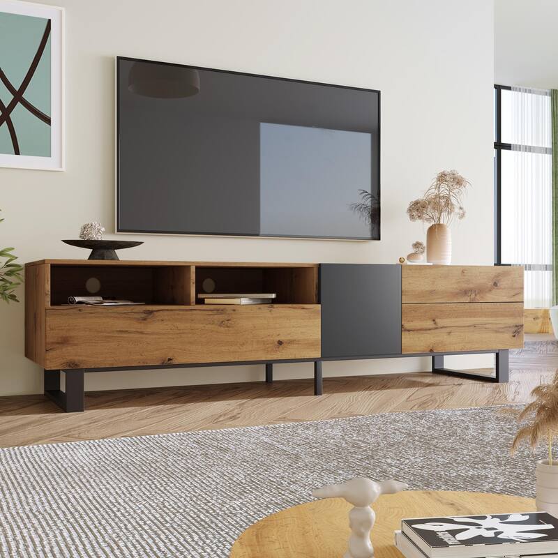 Modern TV Stand, for TVs Up to 80 Inches with Open Shelving, 2 Drawers and Drop-Down Door, for Living Rooms and Bedrooms