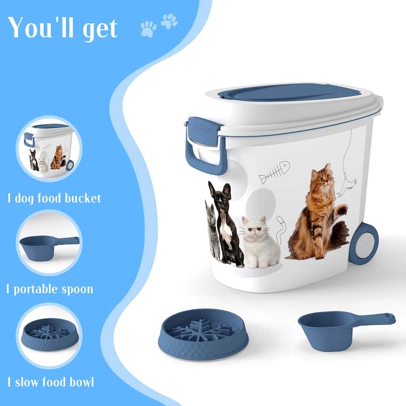Pet Food Storage Container with Wheels Resin dog food scoop, slow-feed bowl waterproof