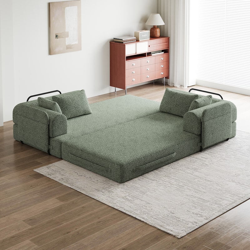 Roomfitters 78.7" Convertible Chenille Sofa Bed, Folding Sleeper Couch with Cylindrical Pillow and Side Pocket, Lounge Sofa - Green