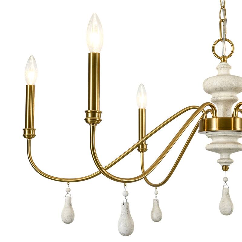 Mid-Century Aged Brass 6-Light Wide Candle Style Chandelier 38in