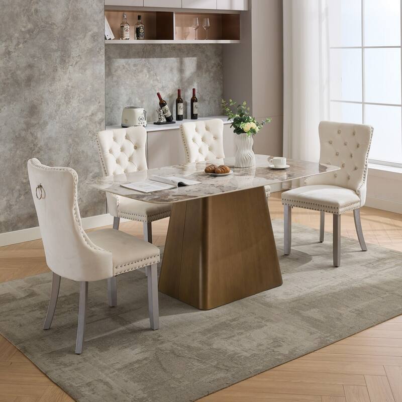 High-end Tufted Solid Wood Contemporary Velvet Upholstered Dining Chair with Wood Legs Nailhead Trim 2-Pcs Set