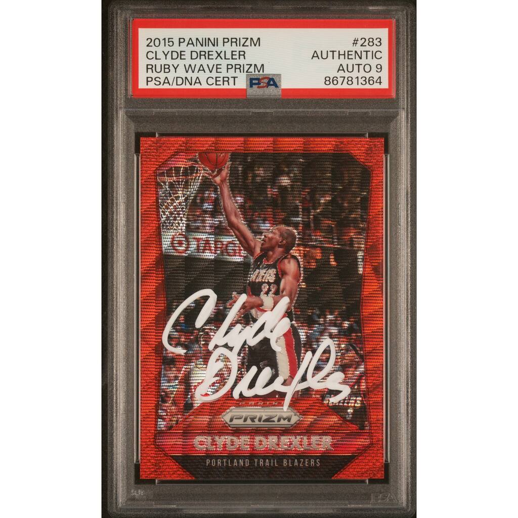 Clyde Drexler 2015 Panini Prizm Ruby Wave Red Card #283 Auto PSA 9 52/350 - 8'6" x 11'6"