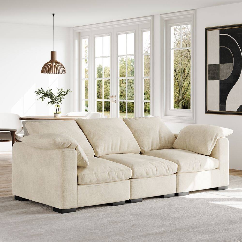 86.61'' Modern Farmhouse Deep 3-Seater Sofa, Track Arm Couch, Linen Fabric Sofa