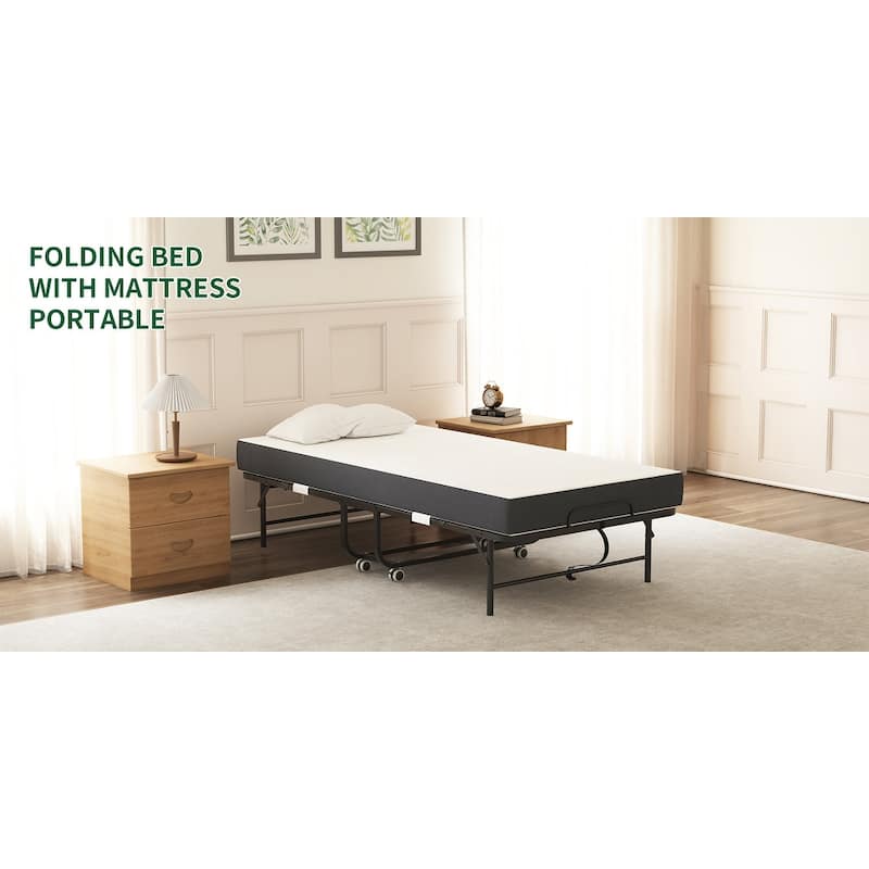 75" x 38" Twin Folding Bed with 3.7" Memory Foam Mattress, Portable Foldable Extra Bed, Rollaway Bed