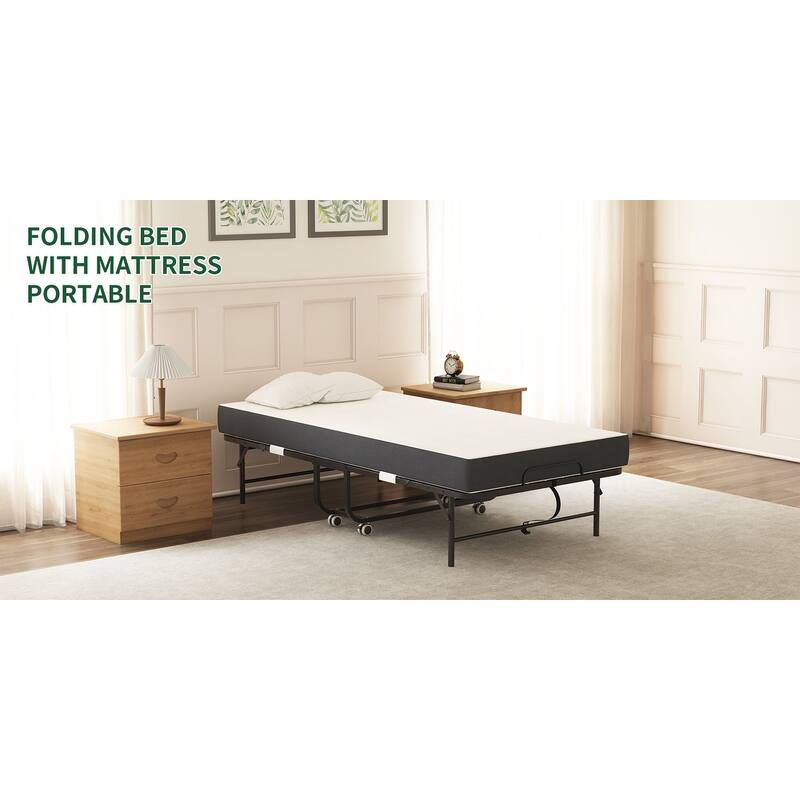 75inch x 38inch Twin Folding Bed with 3.7inch Memory Foam Mattress, Portable Foldable Extra Bed for Guests, Sturdy Metal Frame