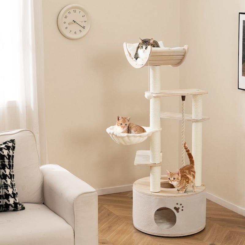 Natural Wooden Cat Tree Tower with Condo Hammock Perch and Scratching Posts 55 Inch Multi Level
