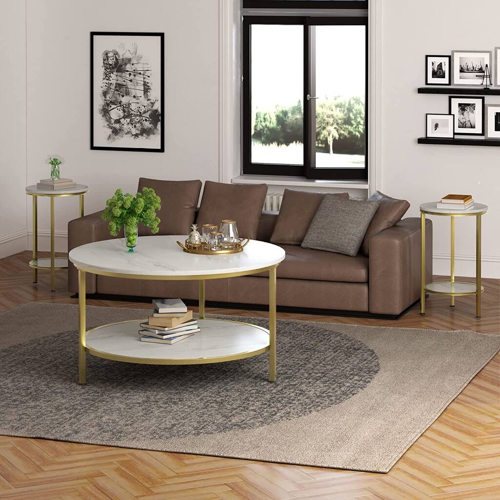 3 PCS Coffee Table Living Room, 2-Tier Marble White Table Top, Modern