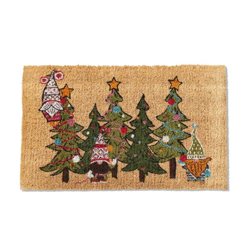 1'6" x 2'6" Gnomies Trim A Tree Rectangle Indoor and Outdoor Coir Door Welcome Mat Multicolored on Beige Background