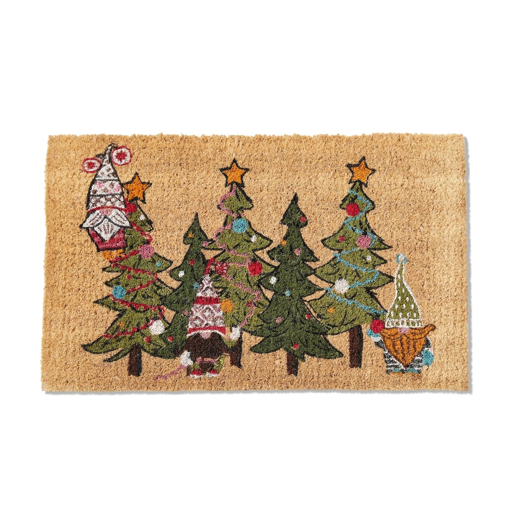 1'6" x 2'6" Gnomies Trim A Tree Rectangle Indoor and Outdoor Coir Door Welcome Mat Multicolored on Beige Background