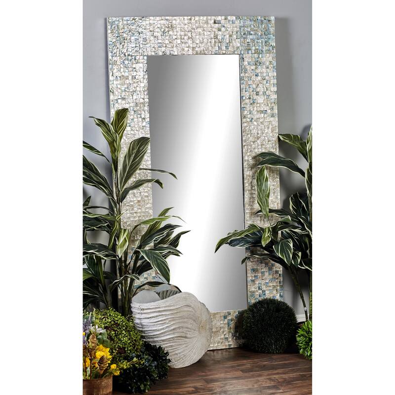 Cream Mother of Pearl Shell Handmade Mosaic Room Wall Mirror with Blue Corners