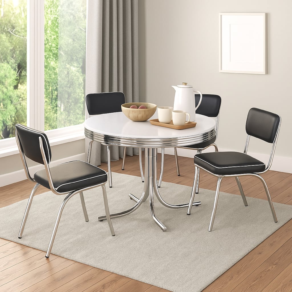 Loy 5pc Dining Table and Chair Set, Black Faux Leather, Retro White Round